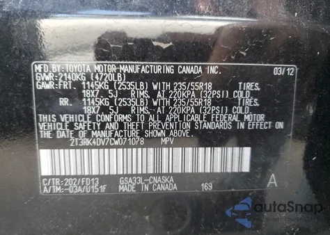 2012 Toyota Rav4 Sport из США, поврежденный, VIN 2T3RK4DV7CW071078